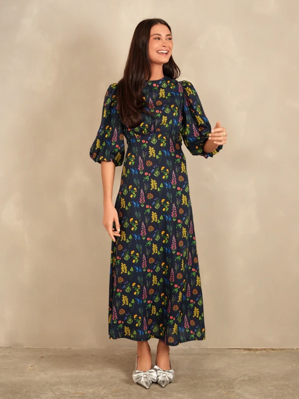 Navy Floral Puff-Sleeve Maxi Dress